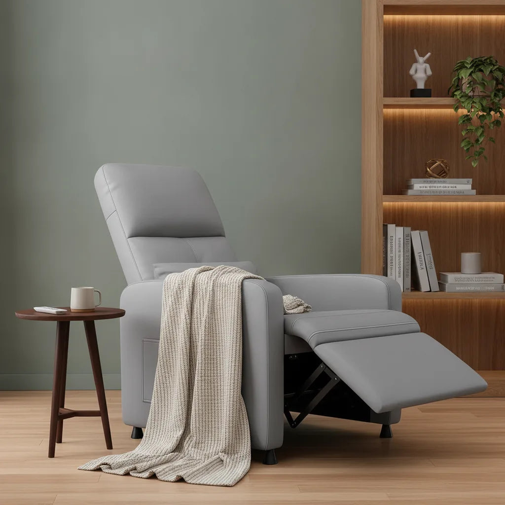 Fauteuil relax chauffant massant Saint-Lunaire en simili cuir gris perle avec plaid