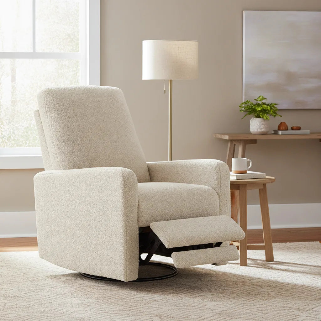 Fauteuil relax beige repose-pieds déplié près d'un lampadaire
