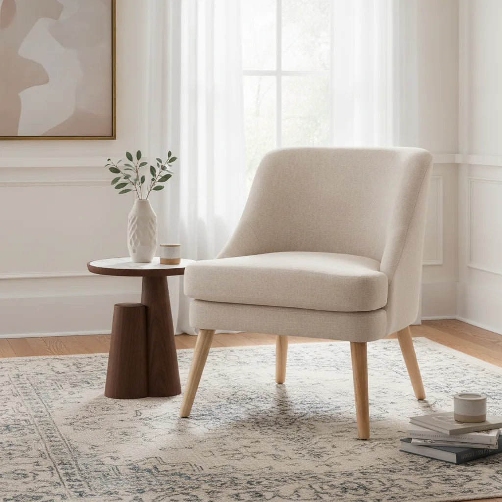 Petit fauteuil scandinave Paimpol beige près d'une fenêtre et d'une table d'appoint