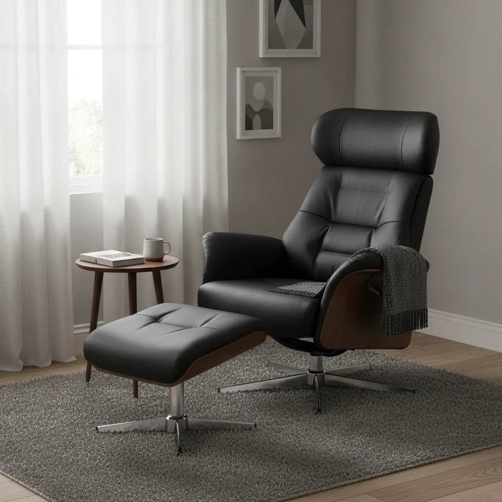 Fauteuil design avec repose pied Concarneau pied étoile chromé près d'une fenêtre