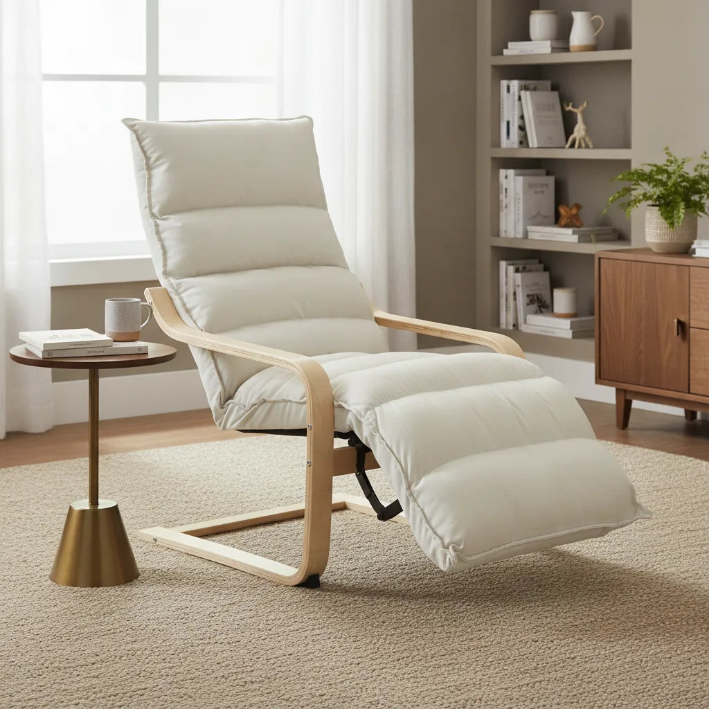 Fauteuil relax scandinave avec repose-pieds près d'une bibliothèque