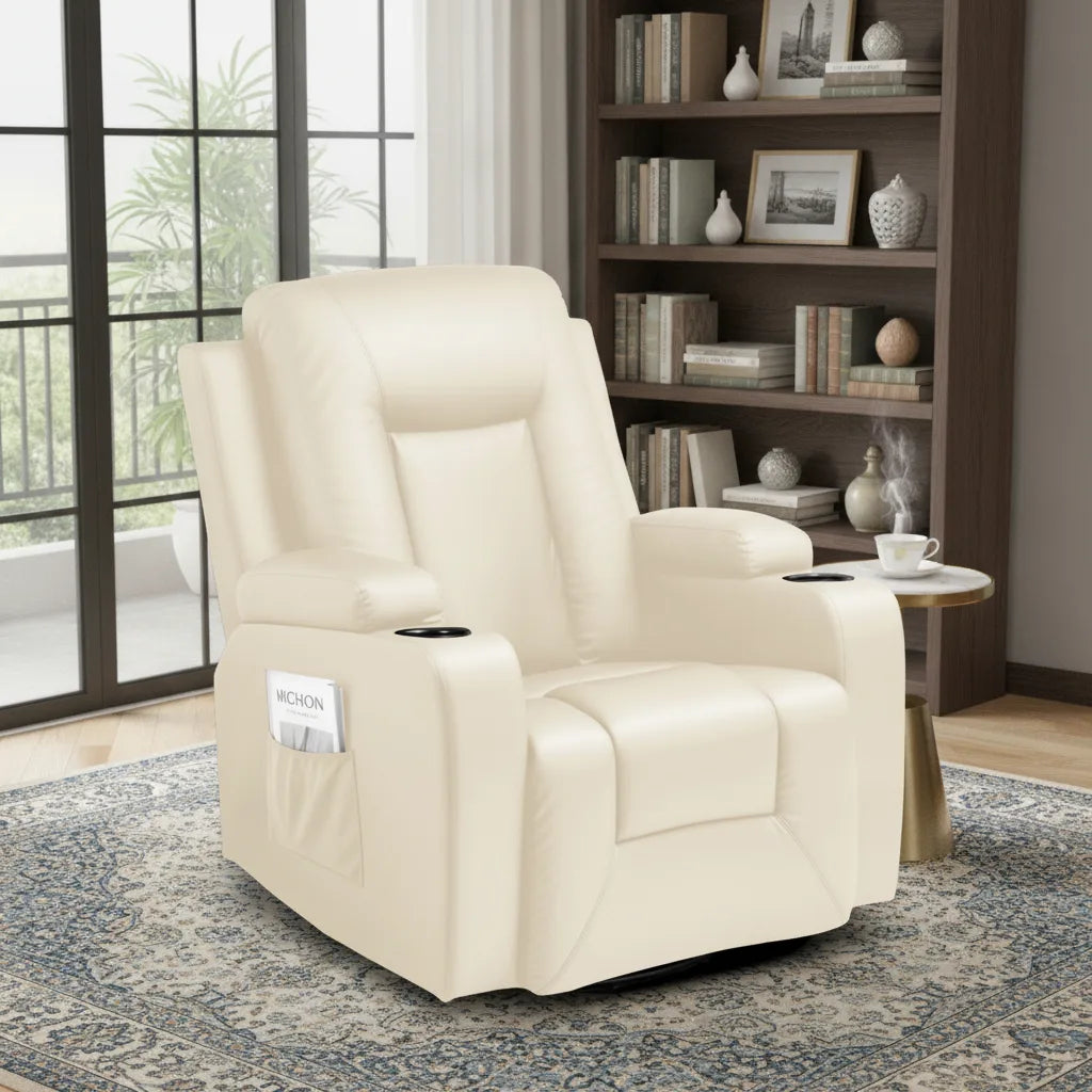 Fauteuil relax blanc pivotant et inclinable avec repose-pieds déplié dans un salon