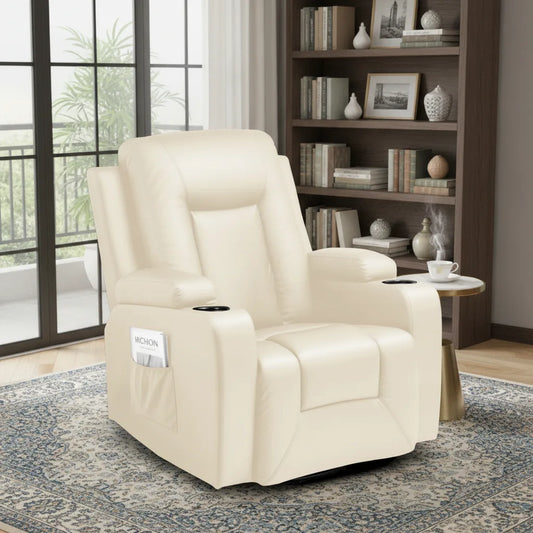 Fauteuil relax blanc pivotant et inclinable avec repose-pieds déplié dans un salon