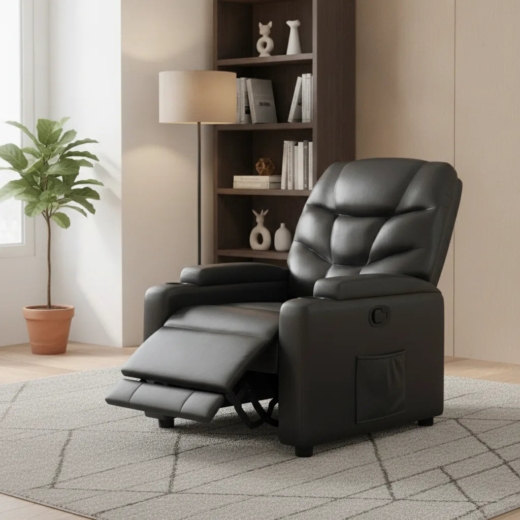 Fauteuil relax inclinable manuel noir en position allongée, repose-pieds déplié
