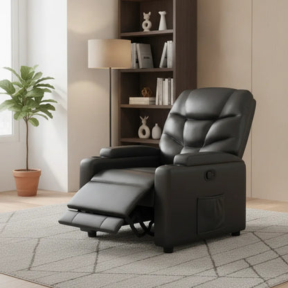 Fauteuil relax inclinable manuel noir en position allongée, repose-pieds déplié