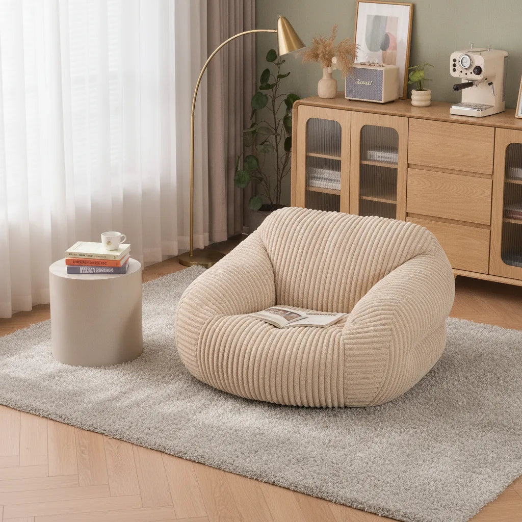 Fauteuil pouf adulte en velours côtelé près d'une table d'appoint