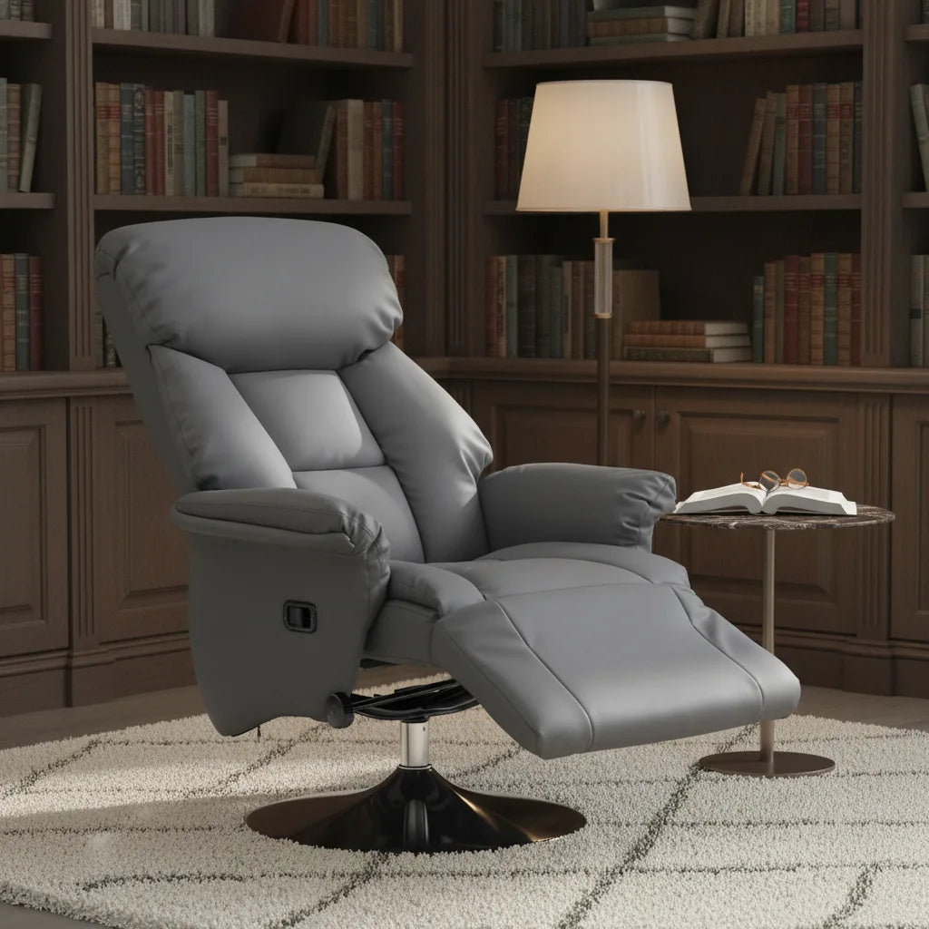 Fauteuil pivotant relax gris devant une bibliothèque en bois, repose-pieds déplié