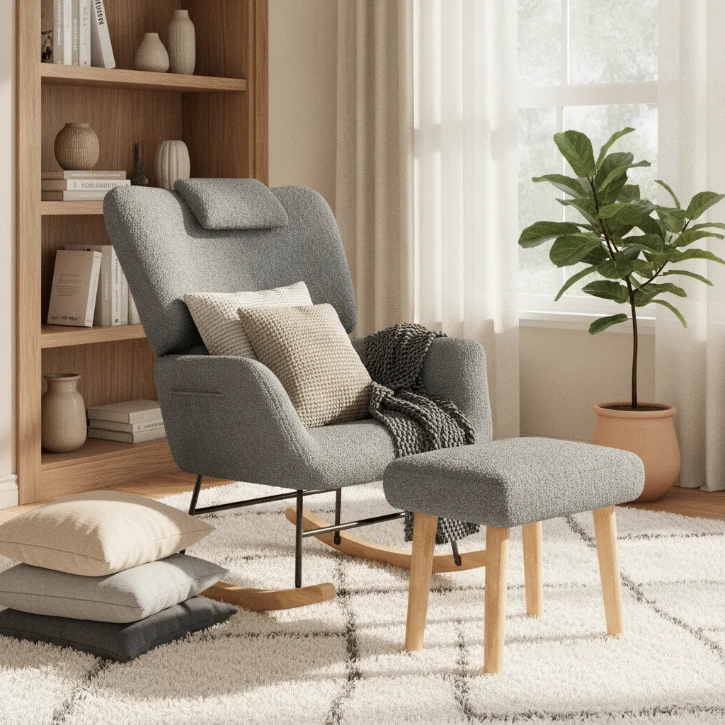 Fauteuil à bascule confortable gris avec coussins, près d'une bibliothèque