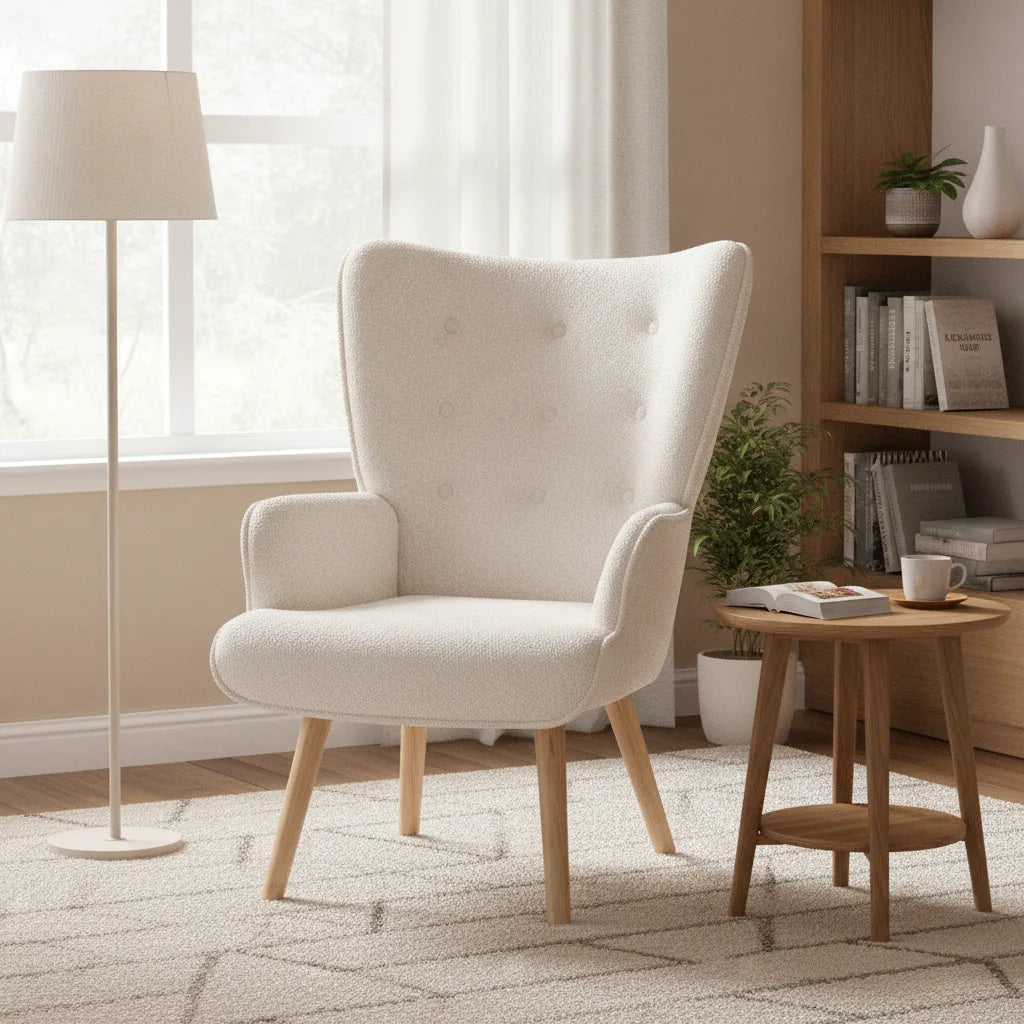 Fauteuil en tissu bouclette à oreilles à côté d'un lampadaire et d'une bibliothèque