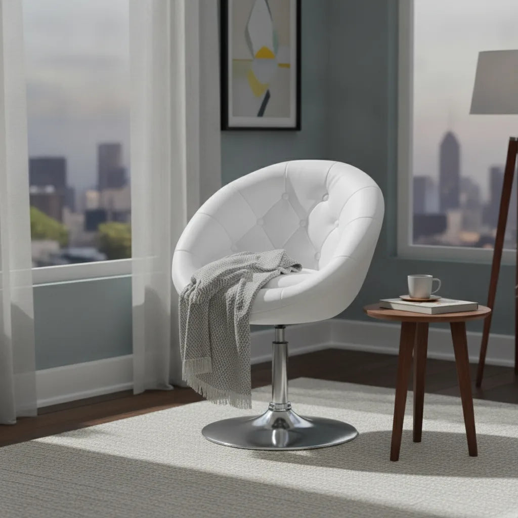 Fauteuil cocktail blanc capitonné avec plaid près d'une baie vitrée