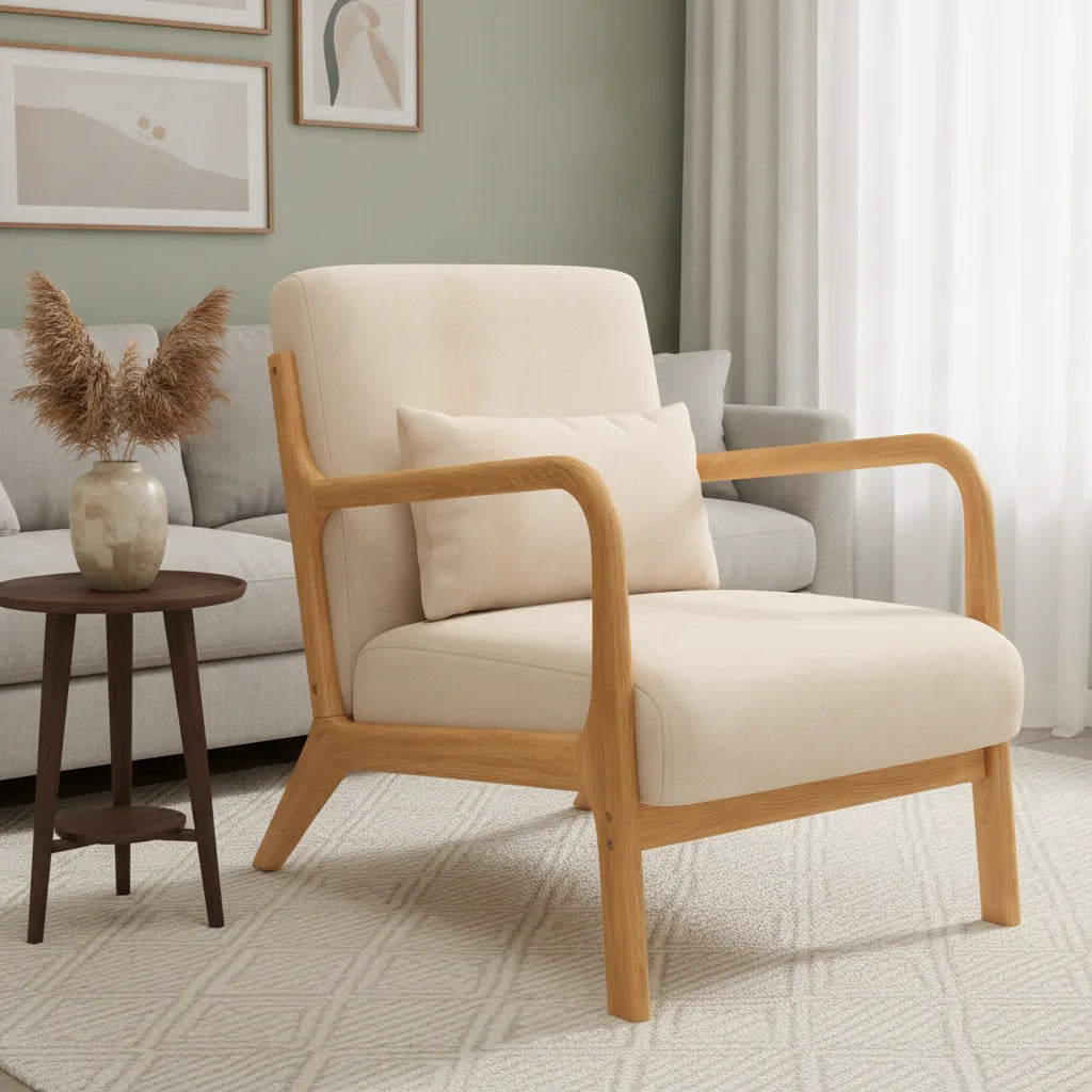 Fauteuil japandi toucher velours beige avec coussin lombaire