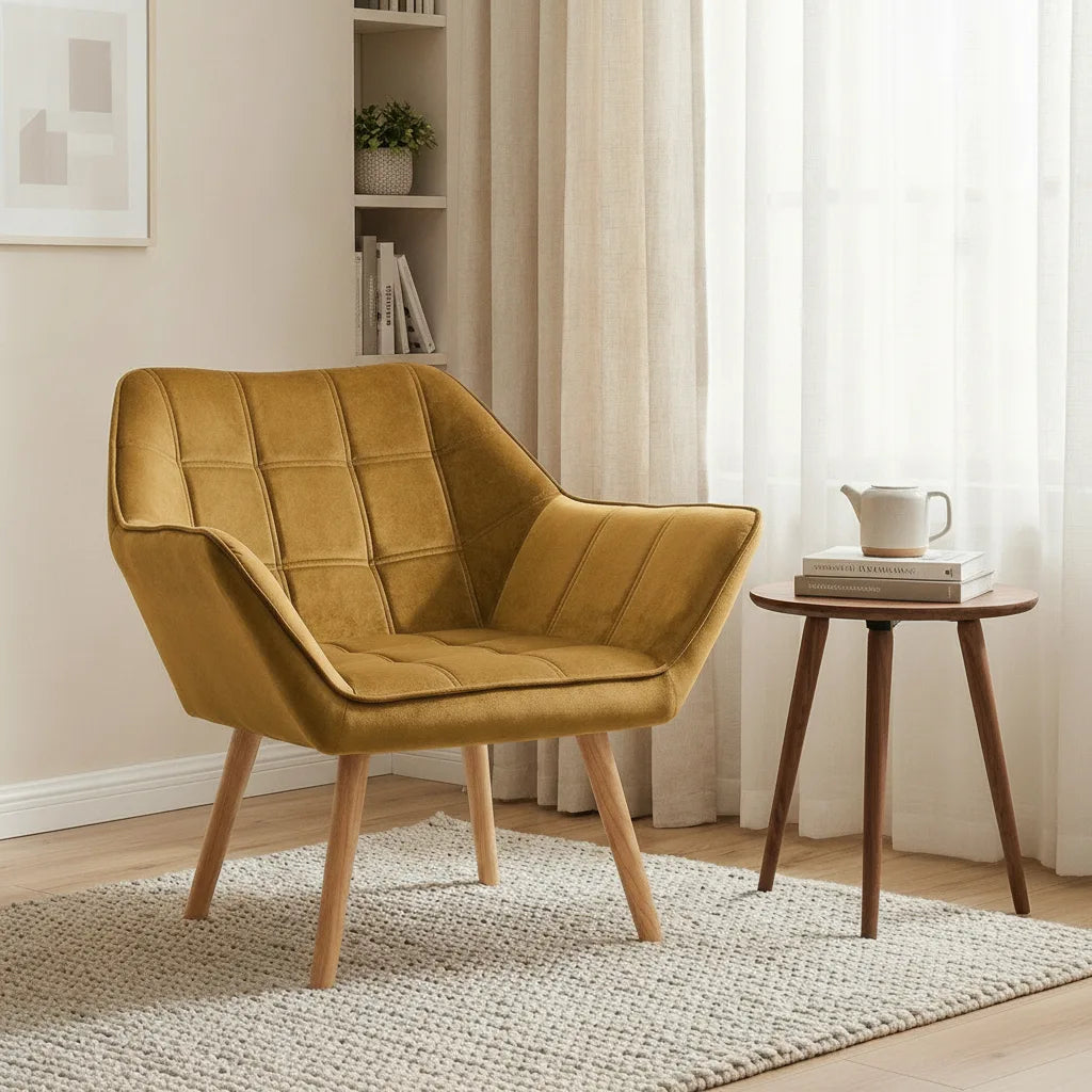 Fauteuil style scandinave moutarde capitonné à côté d'une table d'appoint en bois
