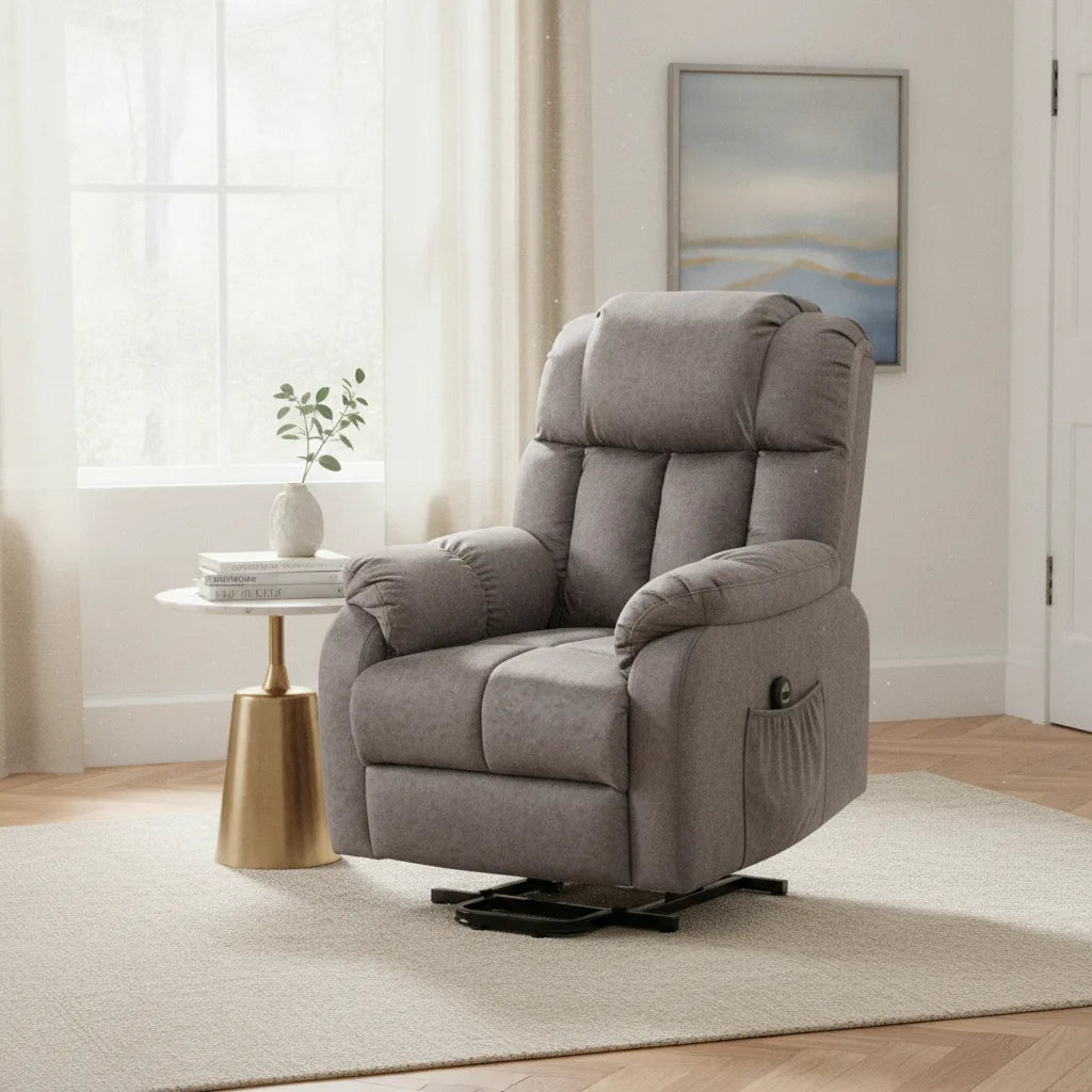 Fauteuil relax électrique tissu Quiberon gris en position releveur dans un salon lumineux