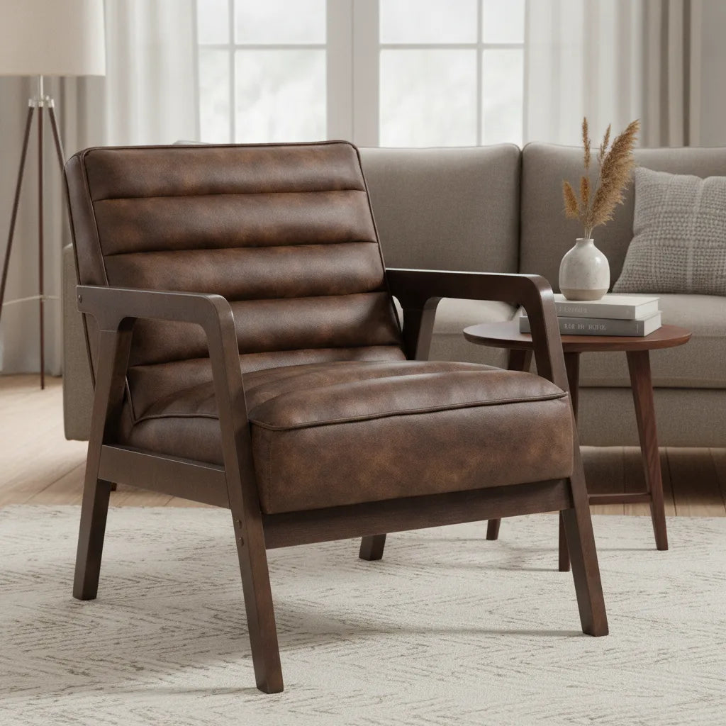Fauteuil cuir marron vintage près d'un canapé gris