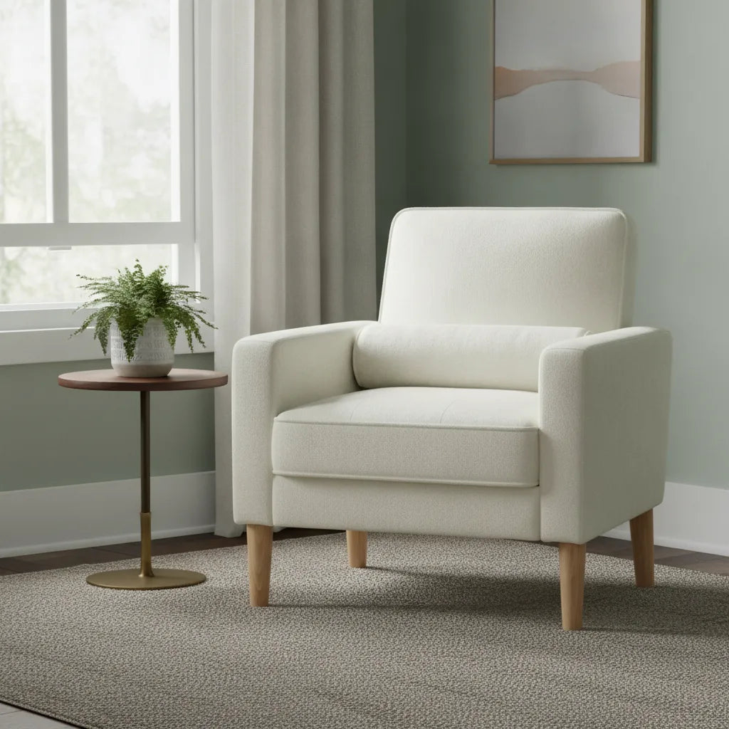 Fauteuil crème pieds bois clair près d'une fenêtre