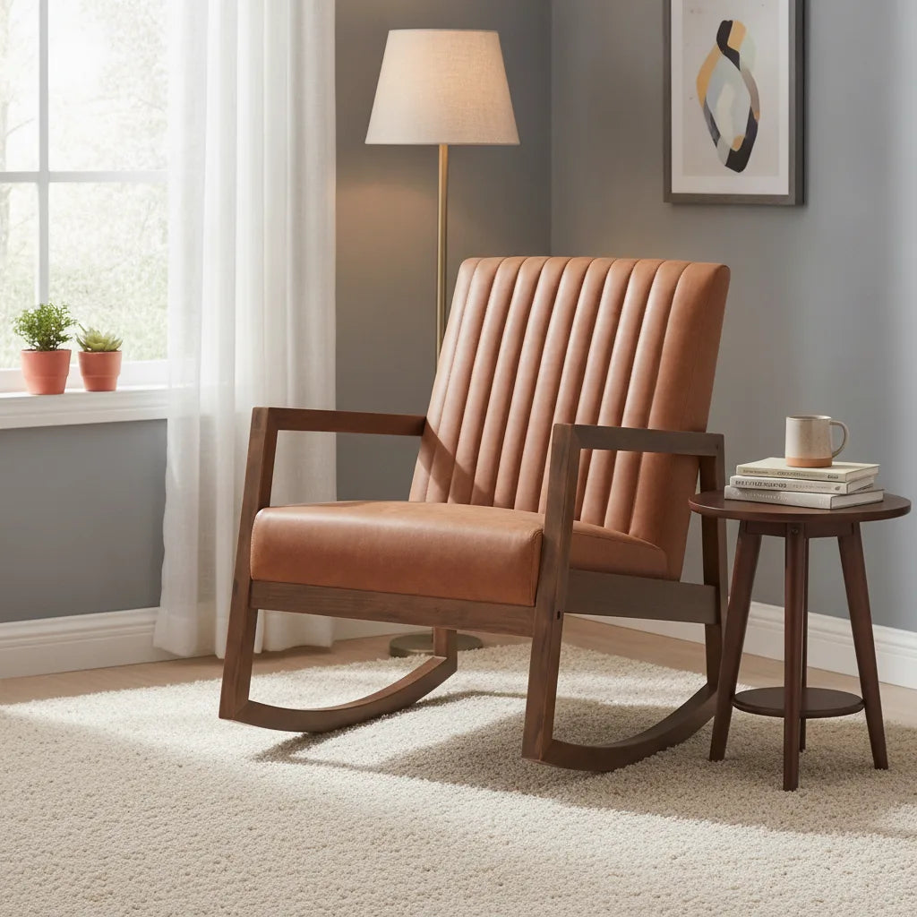 Rocking chair cuir Pornic en simili cuir cognac près d'une fenêtre
