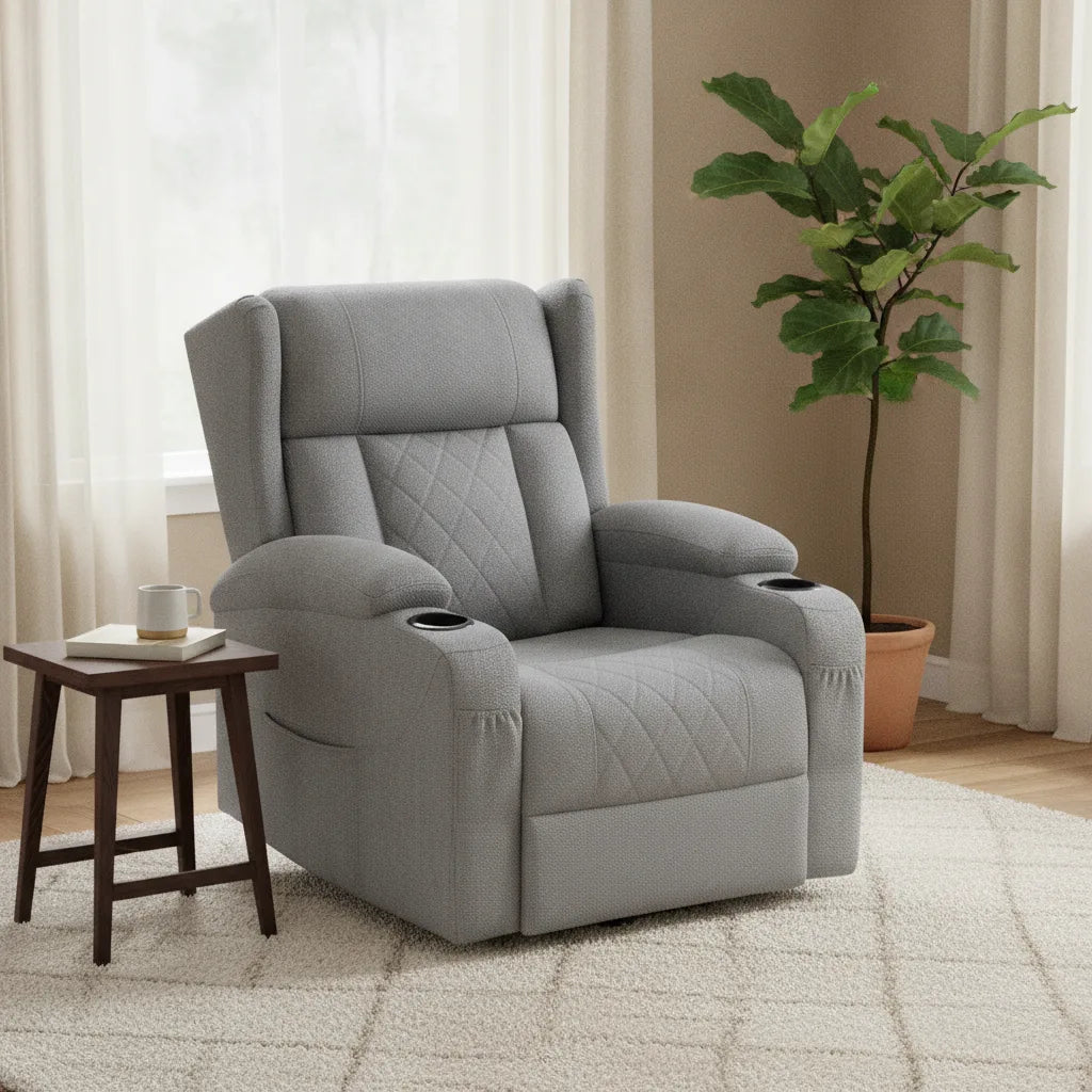Fauteuil home cinéma Carantec en tissu gris ardoise avec porte-gobelets