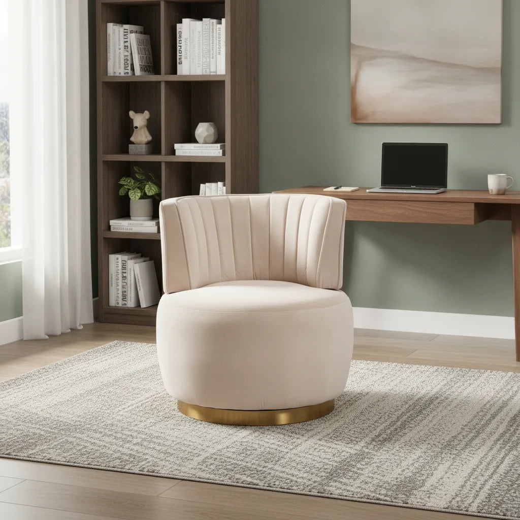 Fauteuil pivotant velours Beige Lin devant un bureau et une bibliothèque