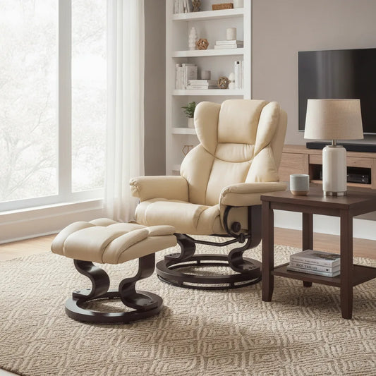 Fauteuil relax cuir moderne beige crème avec repose-pieds près d'une lampe