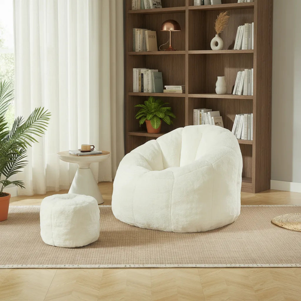 Fauteuil moelleux blanc avec pouf assorti devant une bibliothèque
