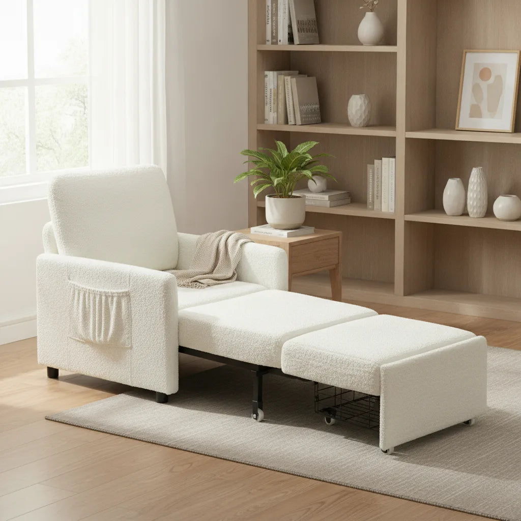 Fauteuil convertible 1 place déplié en lit avec poche latérale près d'une bibliothèque