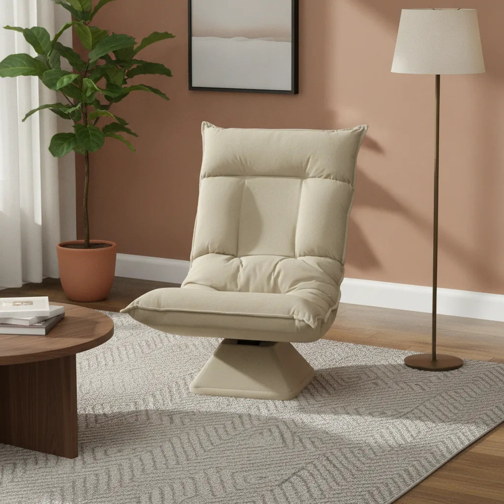 Fauteuil de sol beige lin à dossier réglable près d'un lampadaire