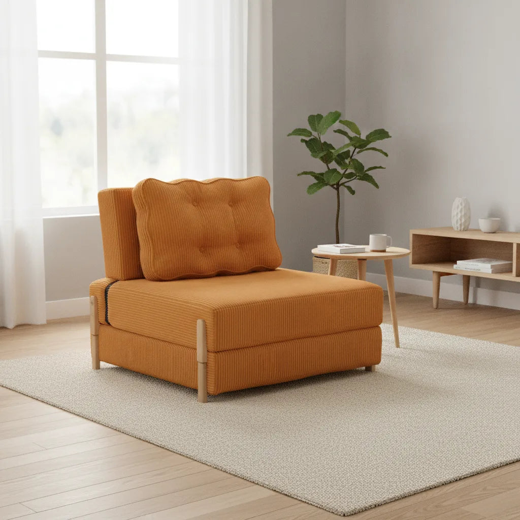 Fauteuil lit pliant Groix orange terracotta dans un salon lumineux