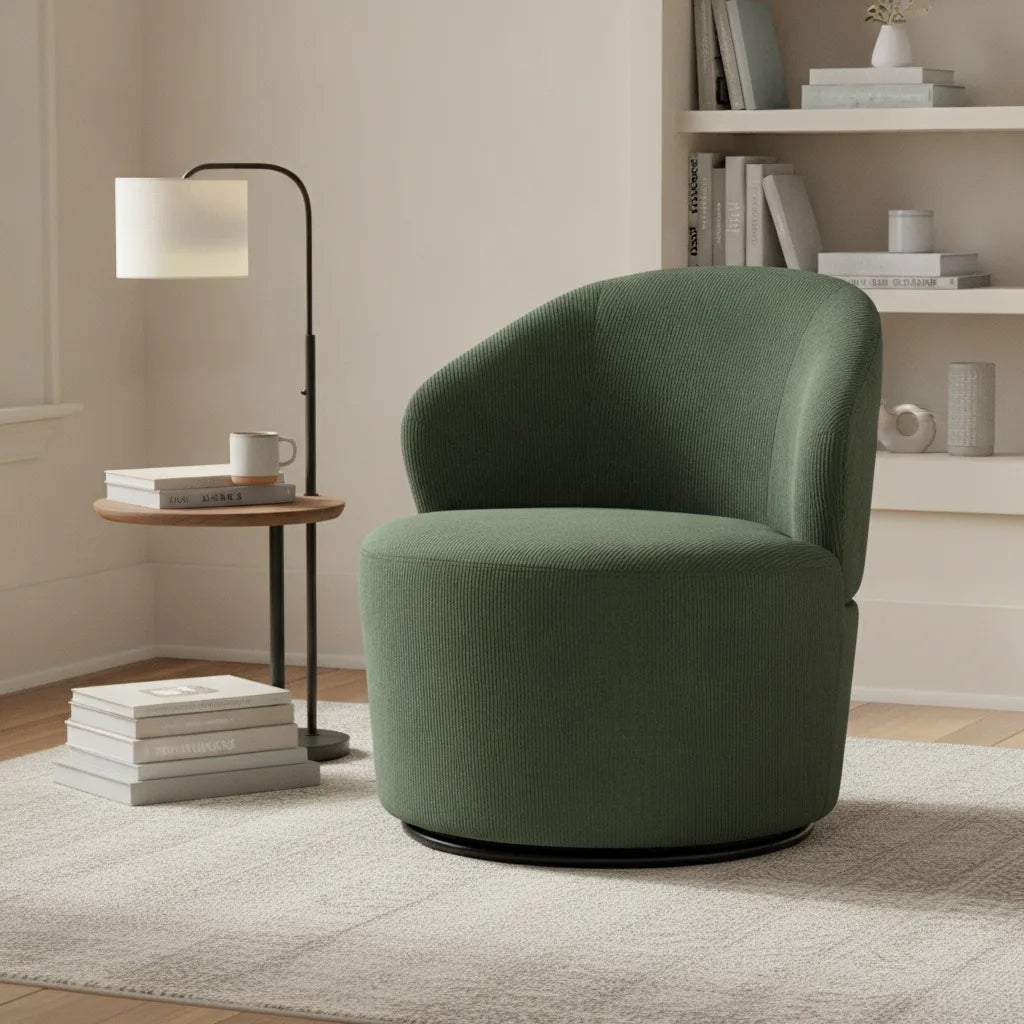 Fauteuil pivotant vert Bénodet près d'une bibliothèque et d'une table d'appoint