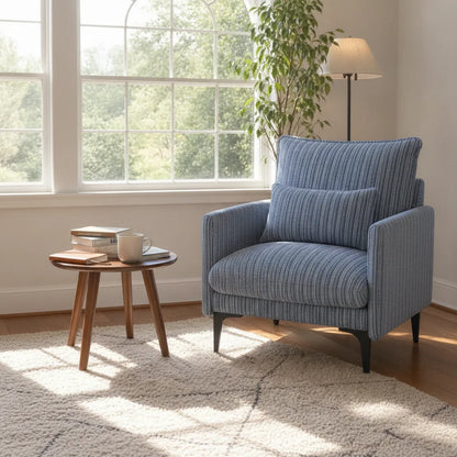 Fauteuil rayé en tissu effet lin bleu orage avec coussin lombaire