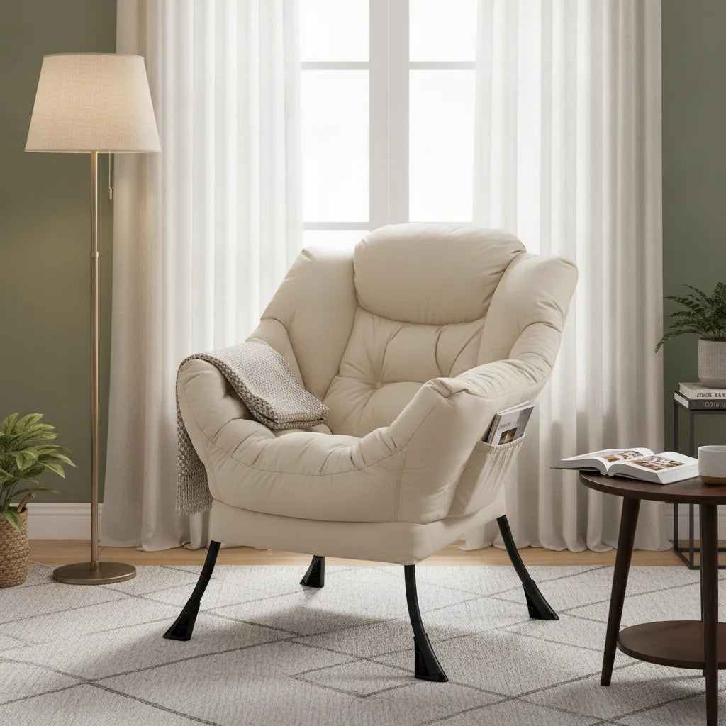 Fauteuil lecture cocooning à côté d'une lampe et d'une table d'appoint
