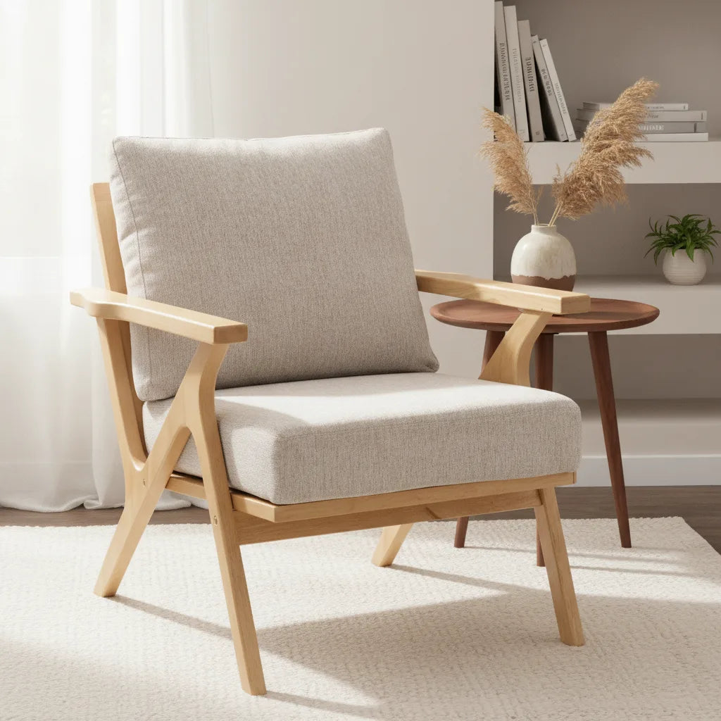 Fauteuil accoudoir bois Crozon en bois massif clair près d'une table d'appoint