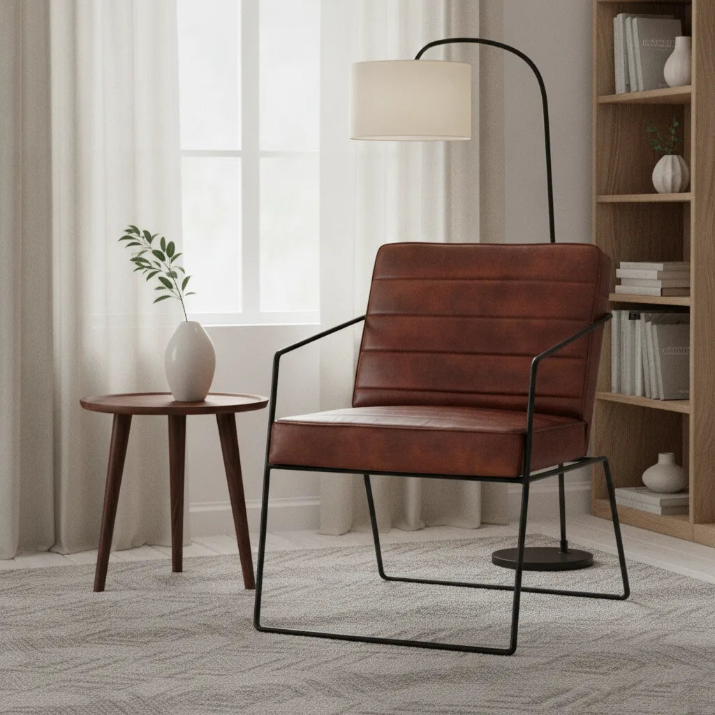 Fauteuil industriel en cuir marron chocolat dans un salon