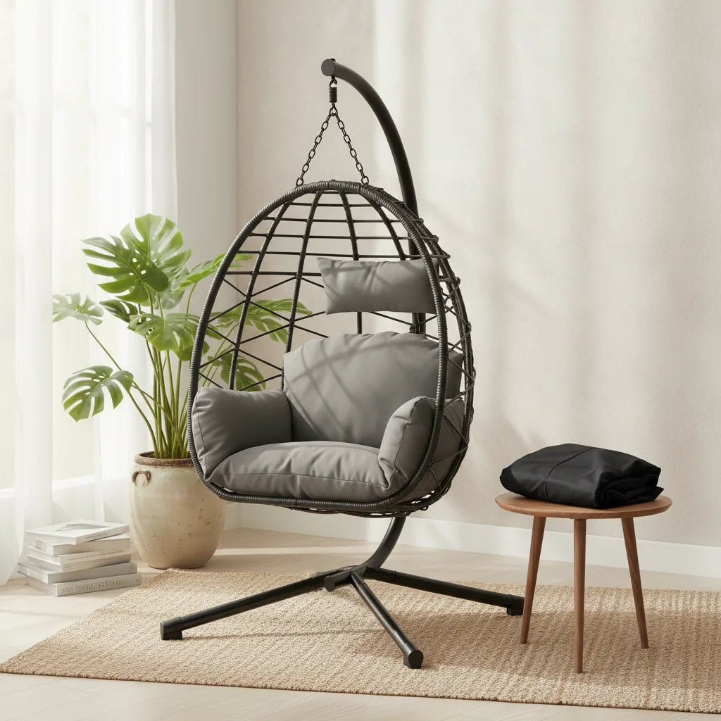Fauteuil cocon suspendu Batz en rotin gris dans un salon avec plante