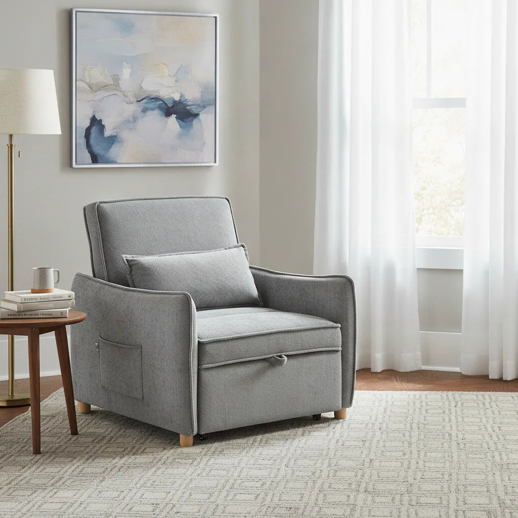 Fauteuil en chenille grise près d'une table d'appoint et d'un tableau
