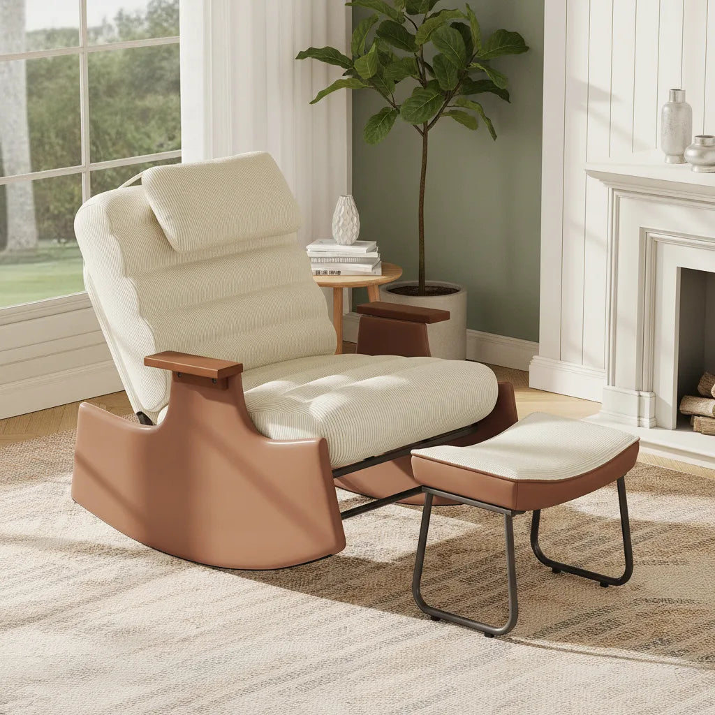 Rocking chair avec repose pied beige installé près d'une cheminée dans un salon lumineux