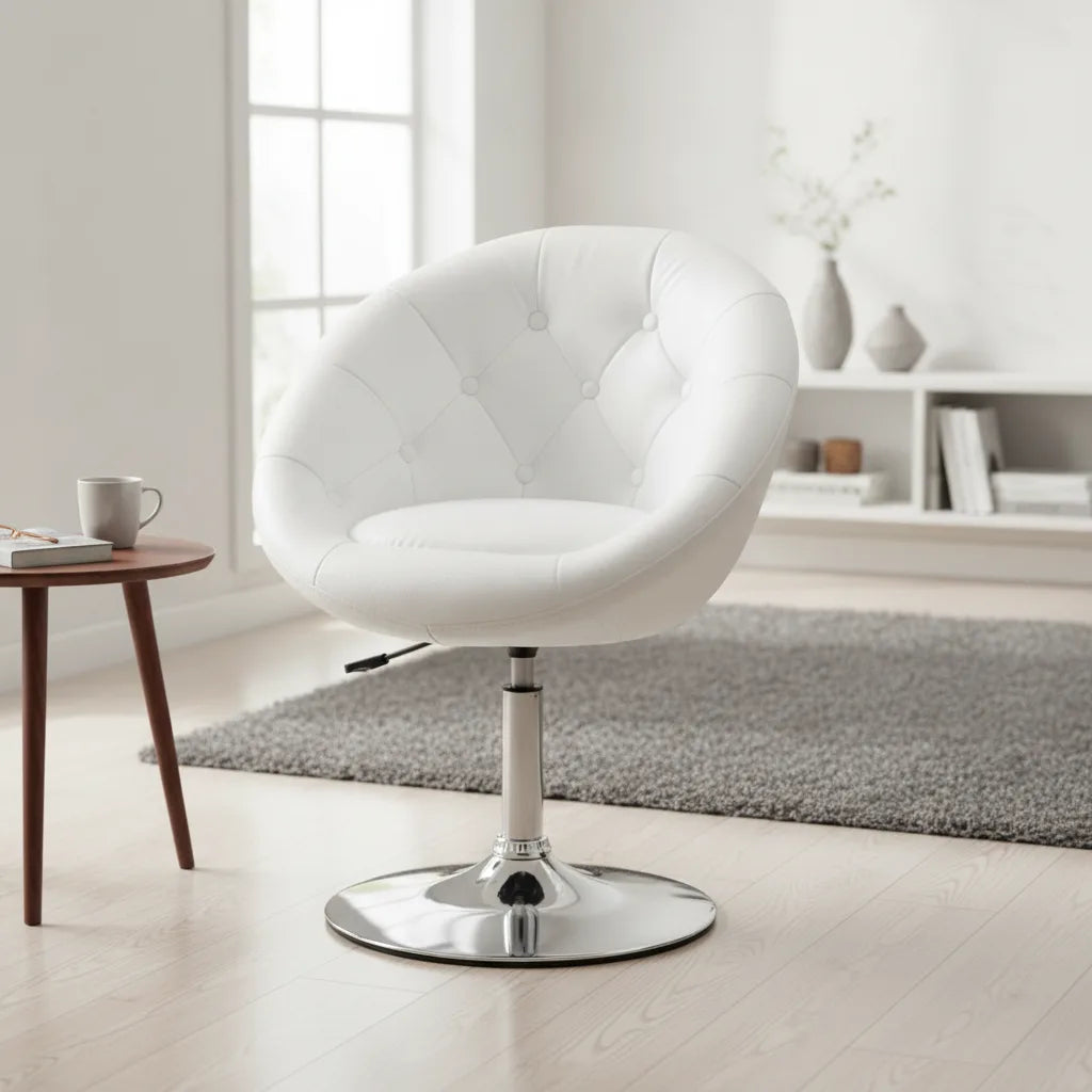 Fauteuil cocktail en simili cuir blanc sur pied chromé dans un salon lumineux