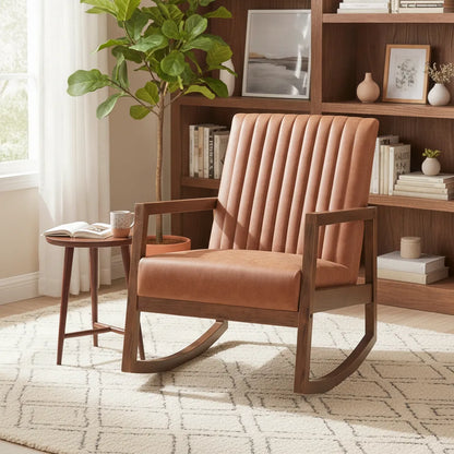 Rocking chair cuir Pornic structure bois massif dans un coin lecture