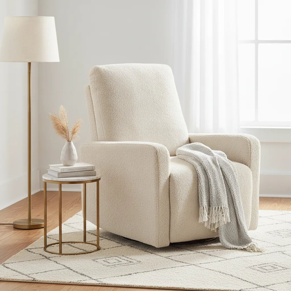 Fauteuil relax beige pivotant avec plaid dans un coin détente