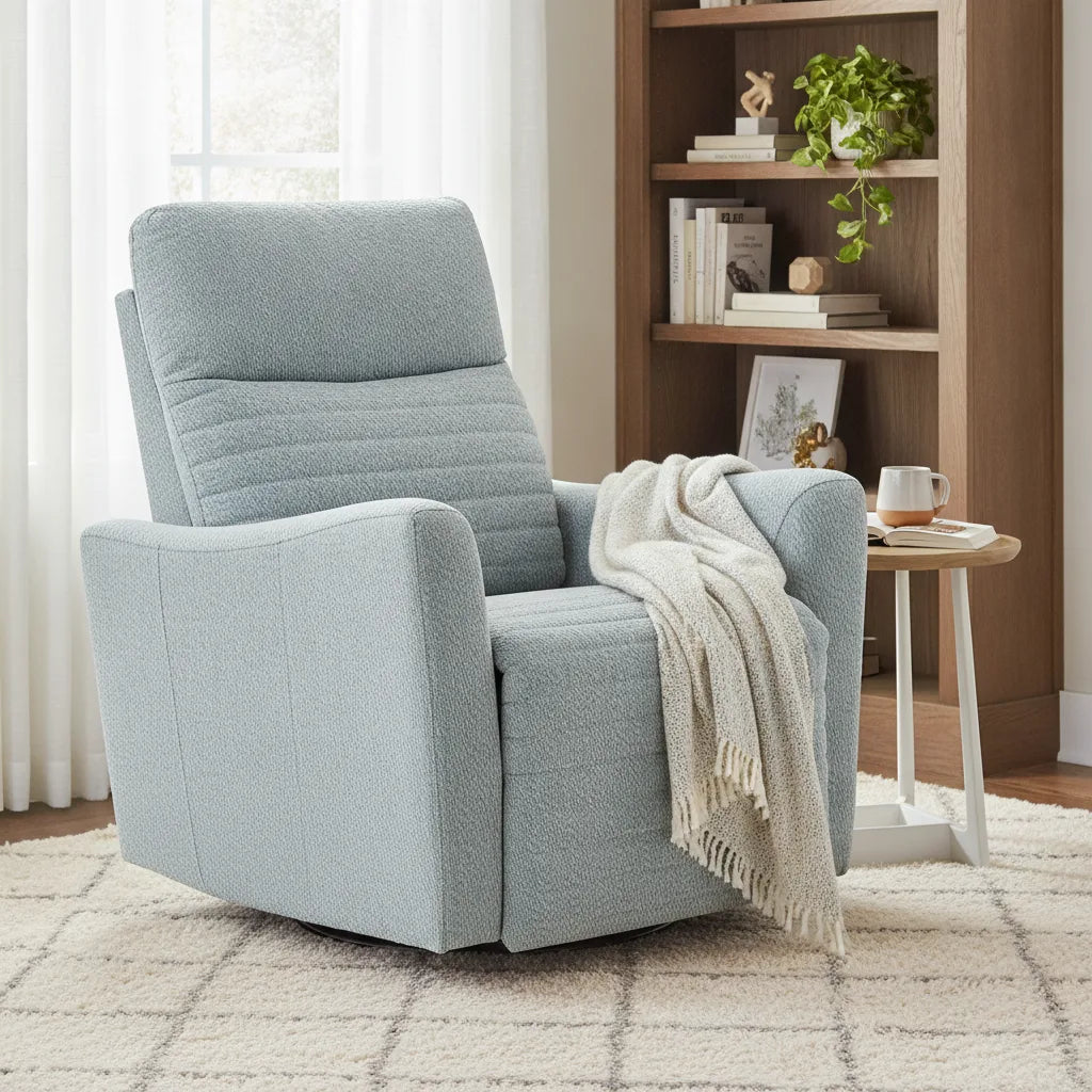 Fauteuil relax bleu avec plaid dans un coin détente