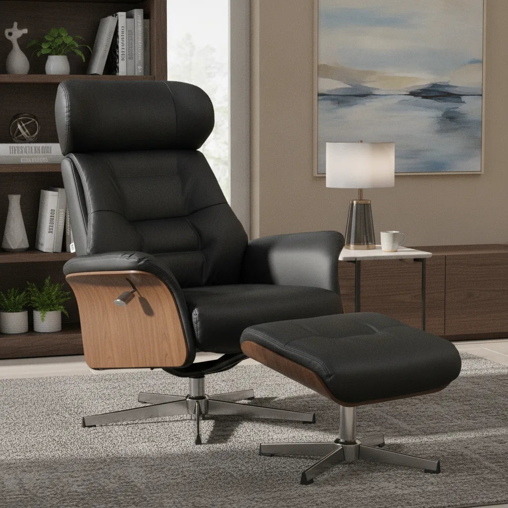 Fauteuil design avec repose pied Concarneau coque effet noyer près d'une bibliothèque