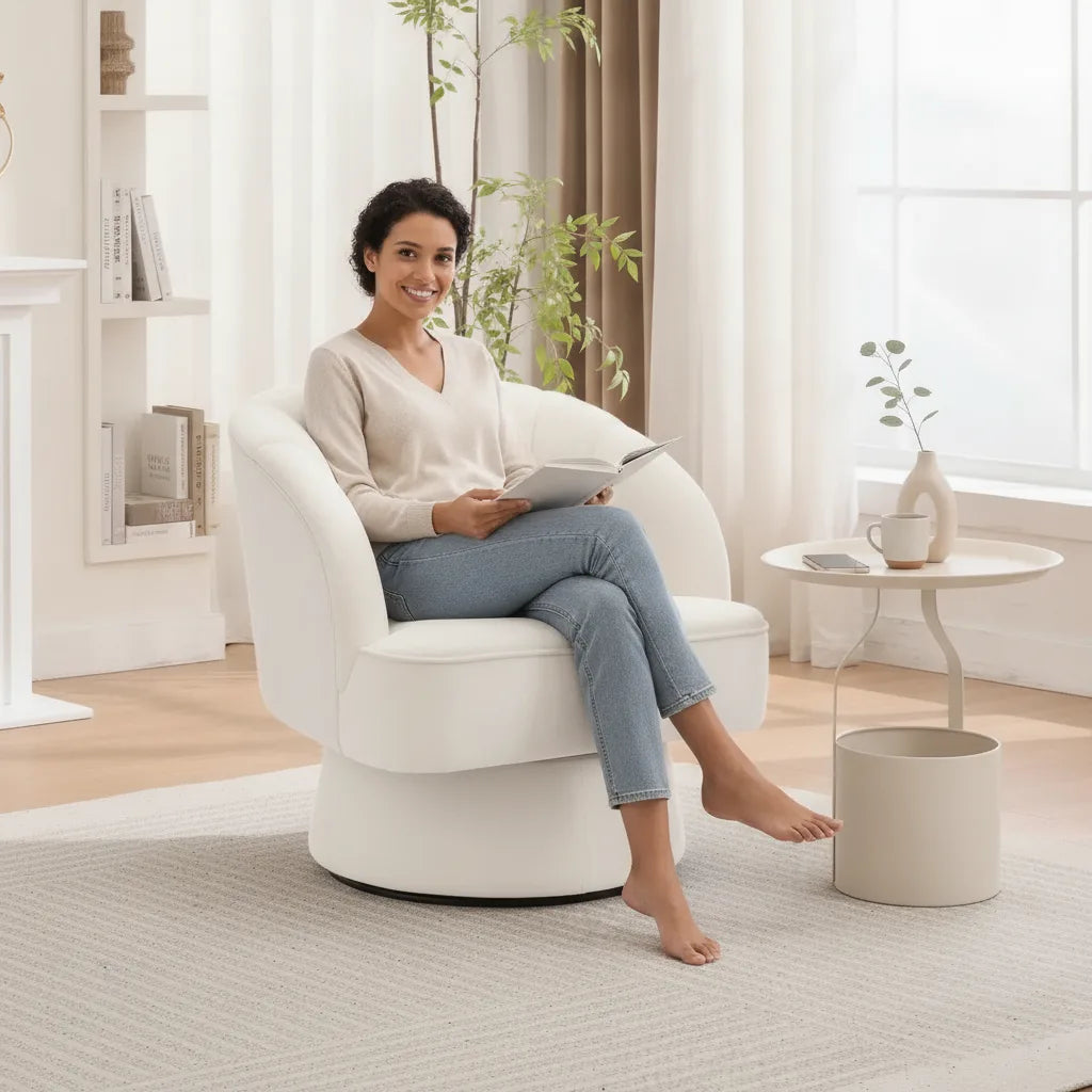 Femme lisant dans le fauteuil salon velours pivotant blanc ivoire