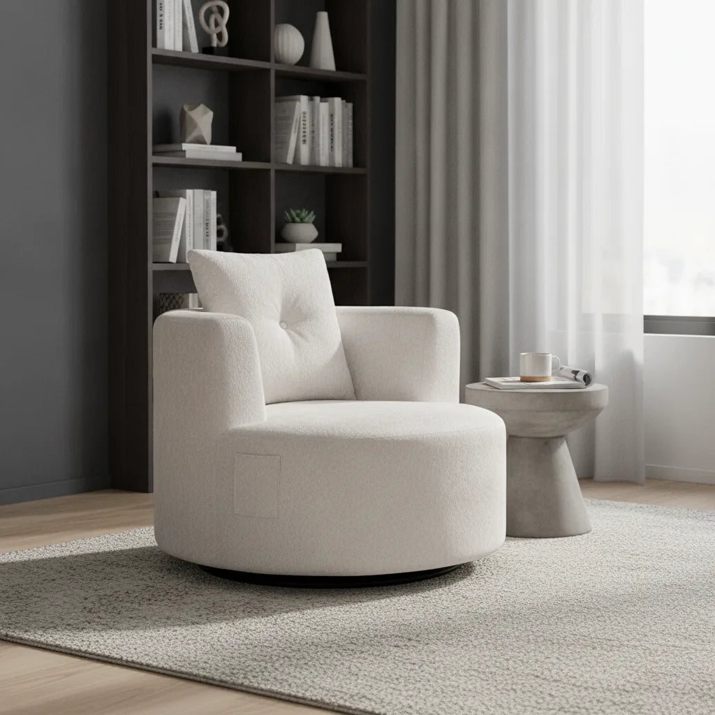 Fauteuil pivotant rond blanc devant une bibliothèque noire