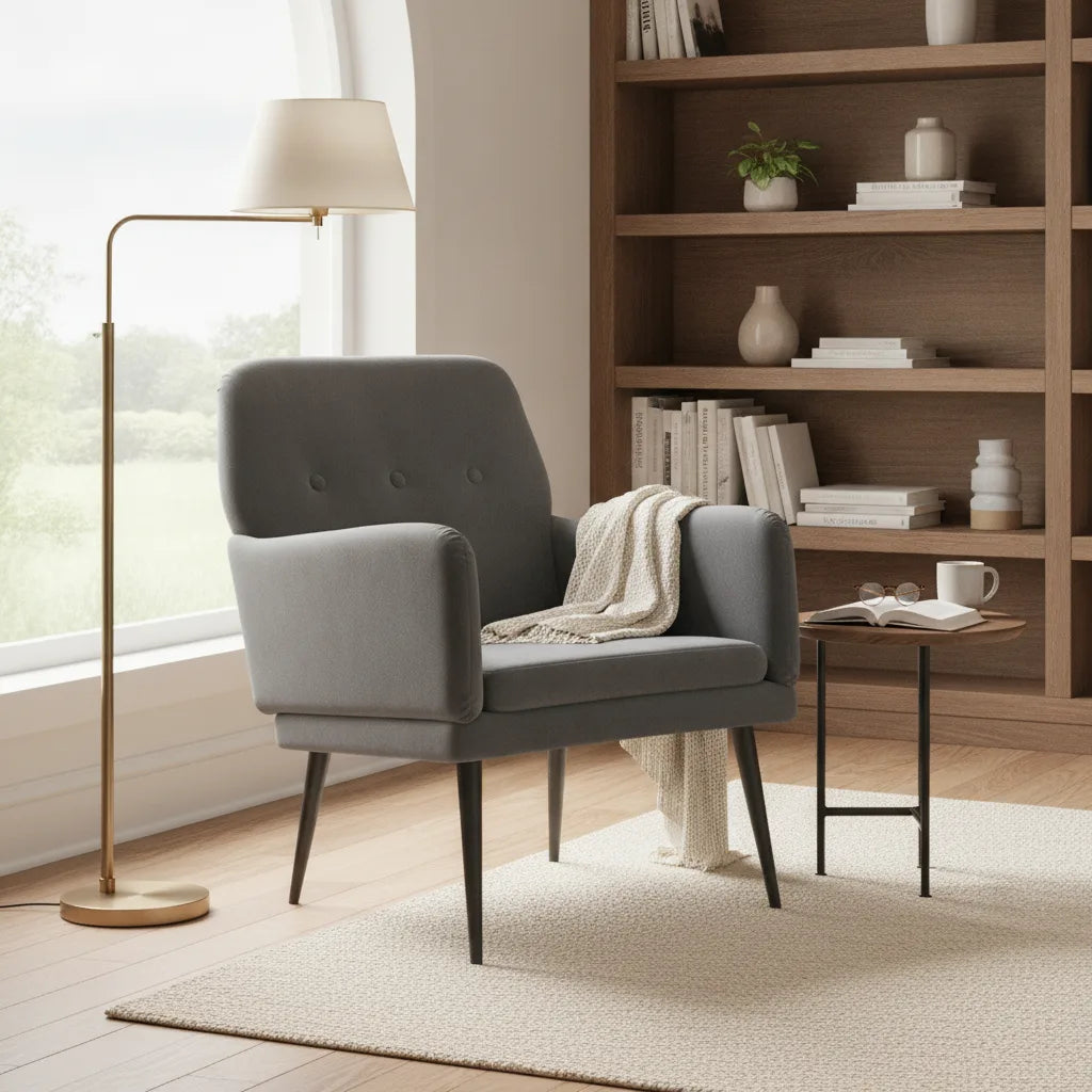 Fauteuil velours gris avec plaid dans un coin lecture lumineux