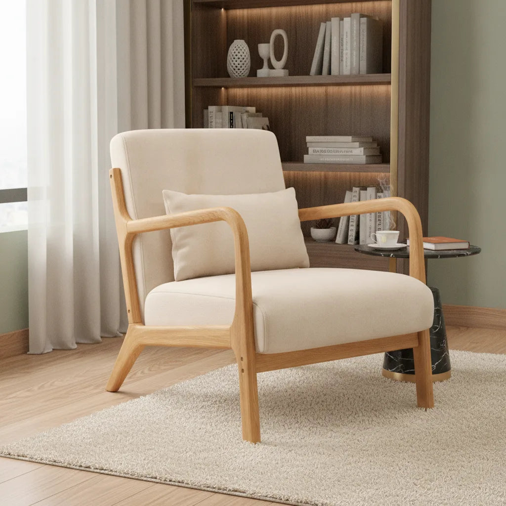 Fauteuil japandi en bois devant une bibliothèque
