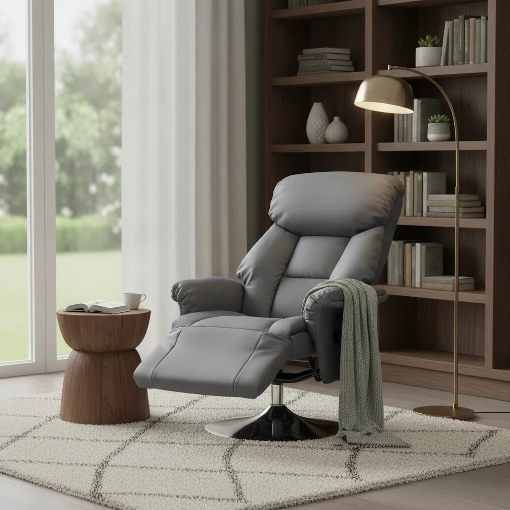 Fauteuil pivotant relax gris avec plaid près d'une fenêtre et d'une bibliothèque