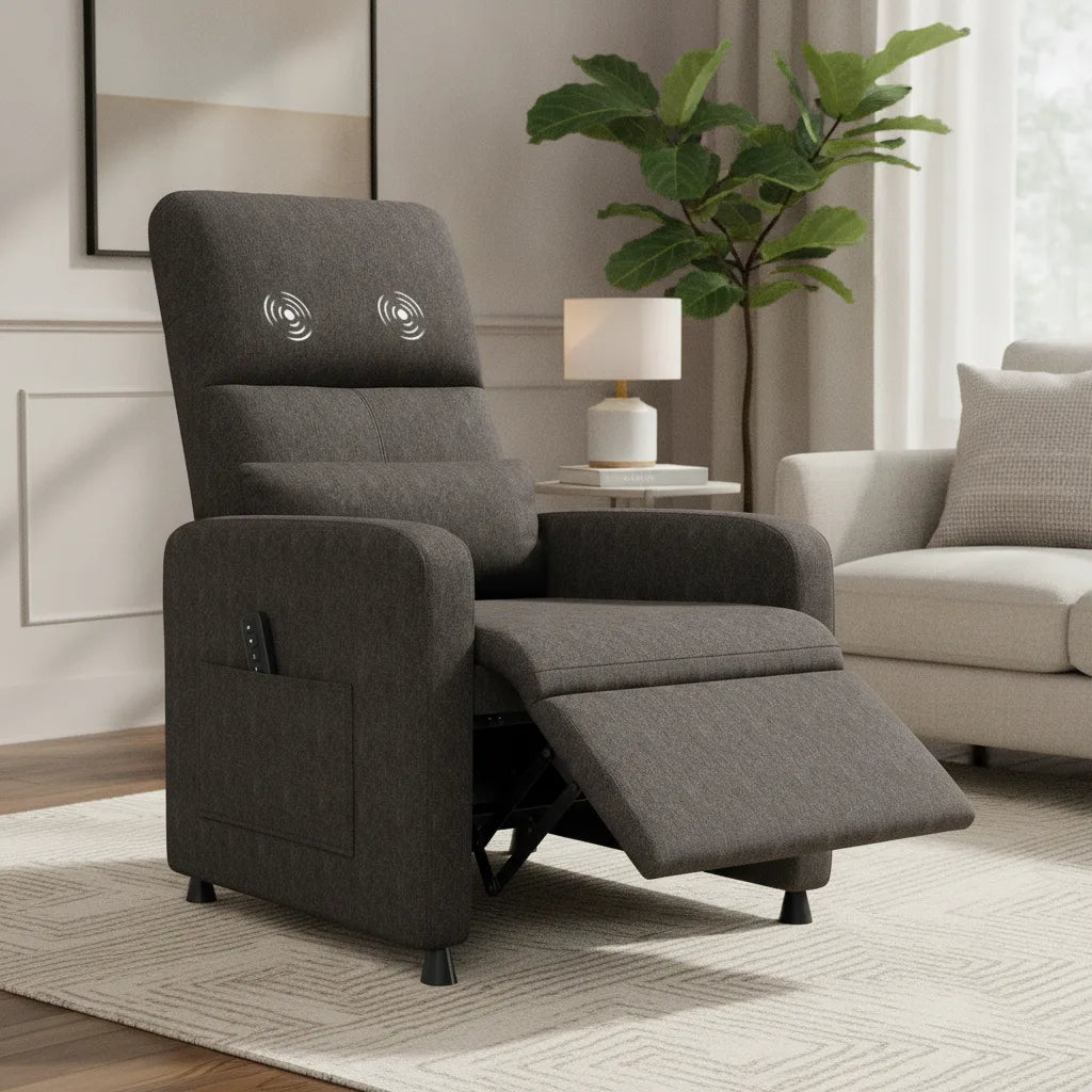 Fauteuil relax chauffant massant Saint-Lunaire marron chocolat incliné dans un salon
