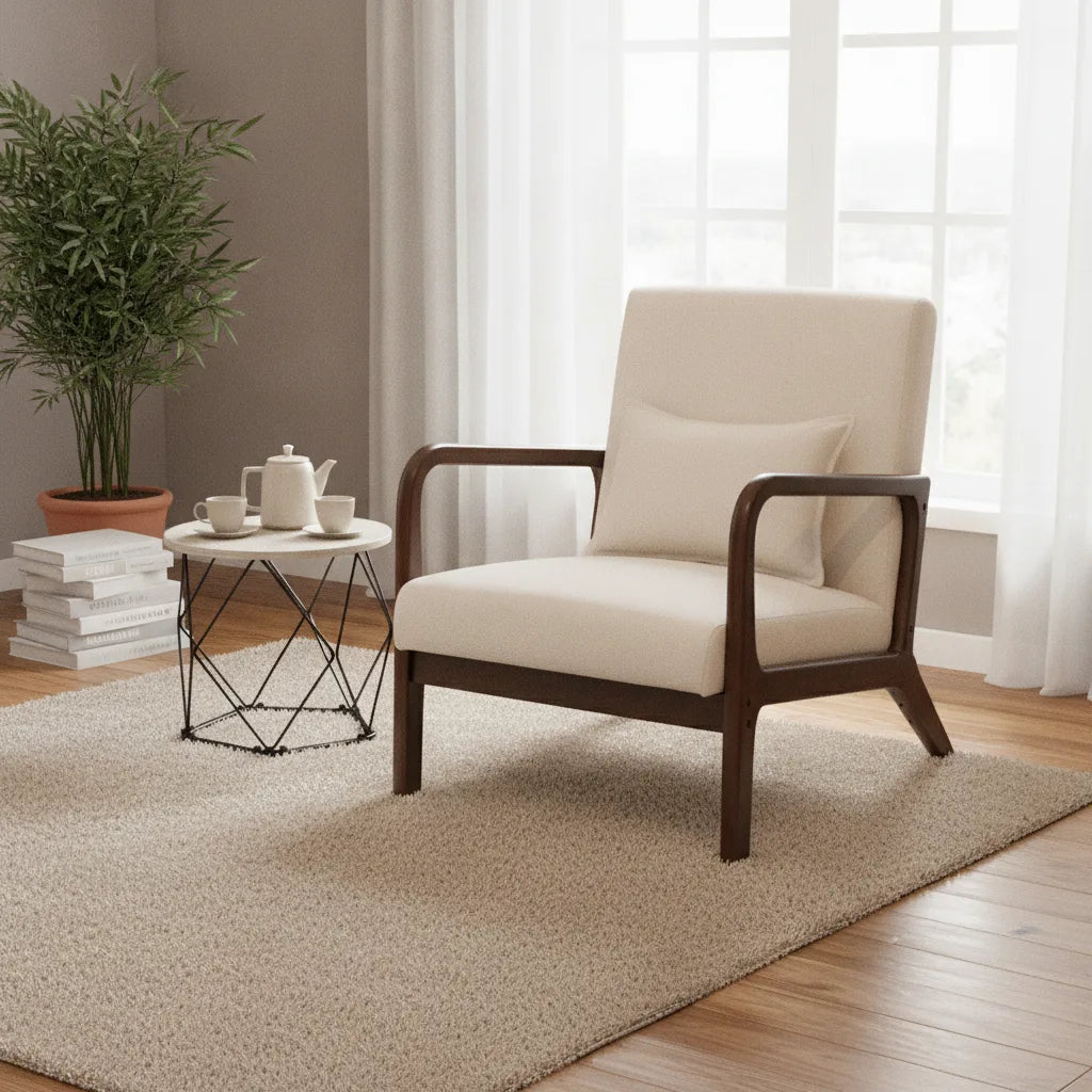 Fauteuil salon ergonomique en tissu effet lin sur un tapis, près d'une plante