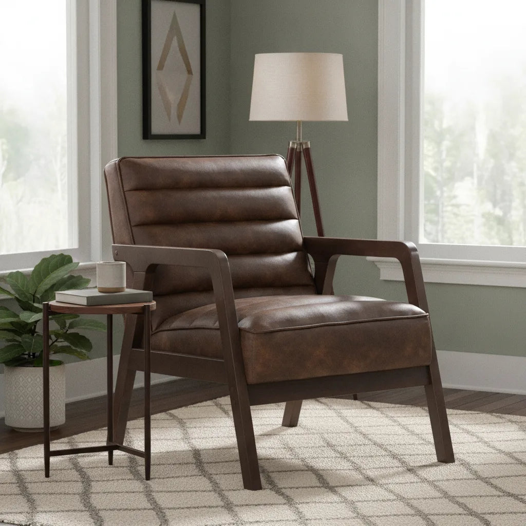 Fauteuil cuir marron vintage avec lampadaire dans un coin lecture