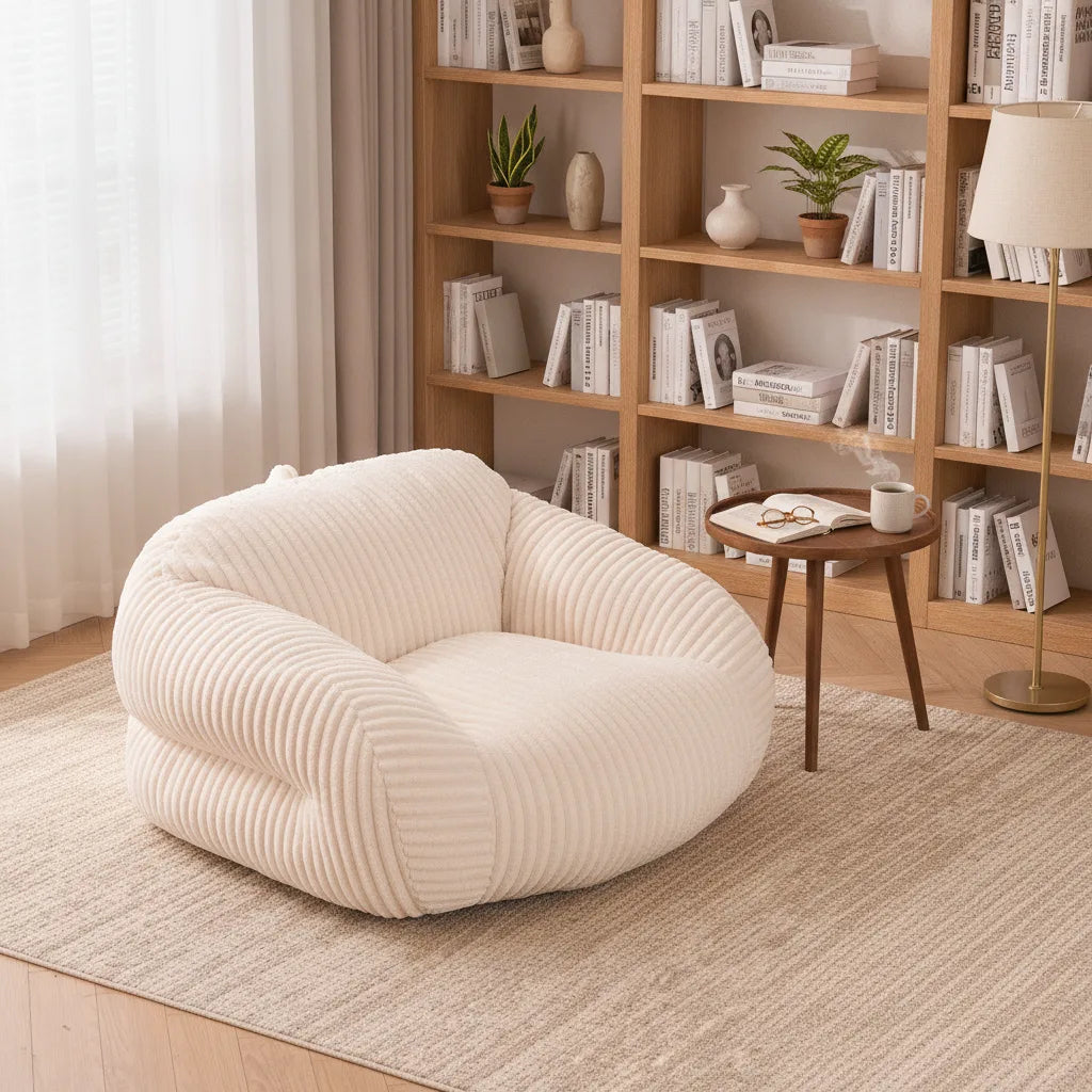 Fauteuil pouf adulte blanc ivoire dans un coin lecture