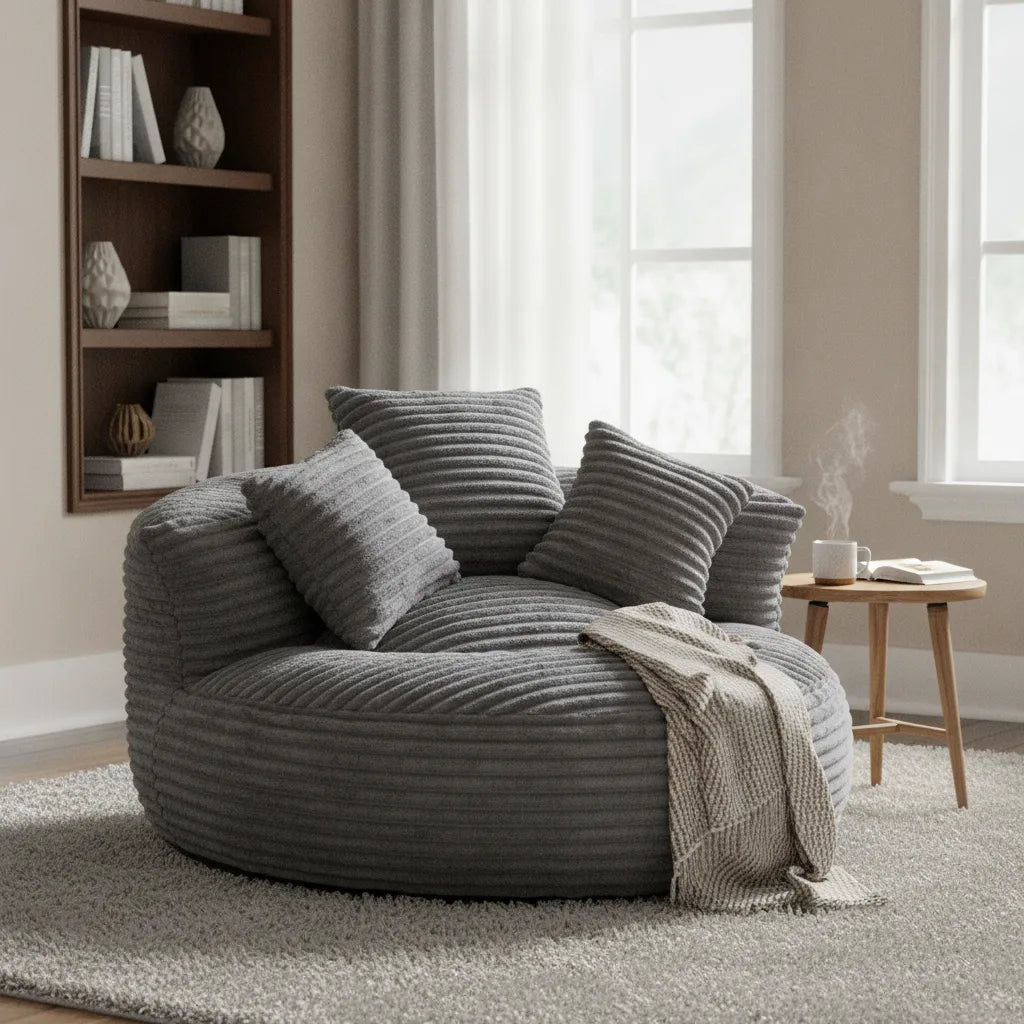 Fauteuil paresseux gris anthracite avec plaid devant une bibliothèque